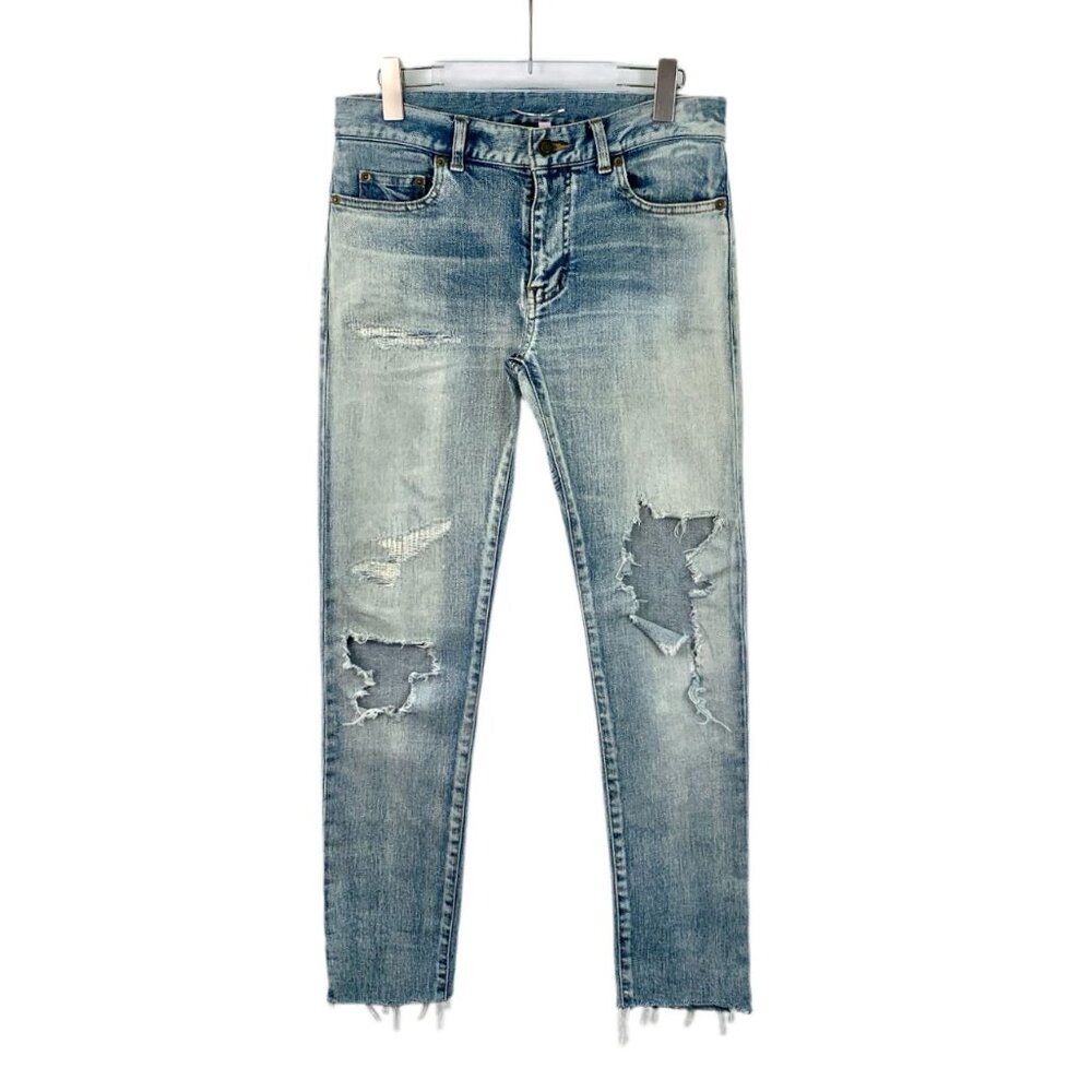 CW0664 Saint Laurent Paris Distressed Skinny Fit Jeans Raw Hem